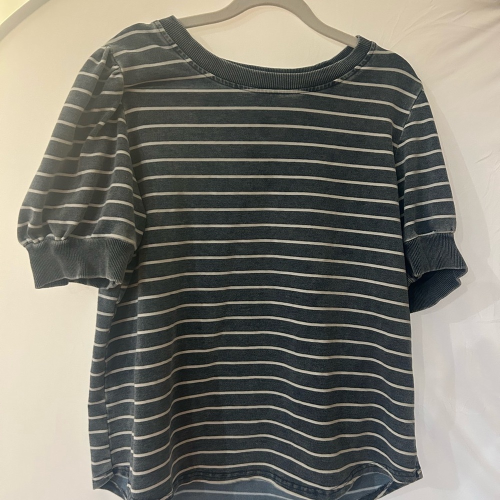 Jane and Delancey Navy and White Striped Puff Sleeve Top